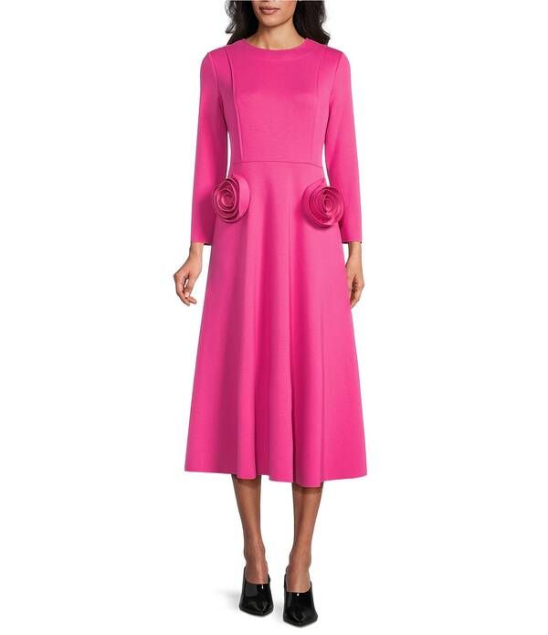 アイシーコレクション レディース トップス ワンピース フラワー柄 ミディ ニット フラワー ICollection Knit Floral Patch Appliques Round Neck Long Sleeve Fit Flare Midi Dress