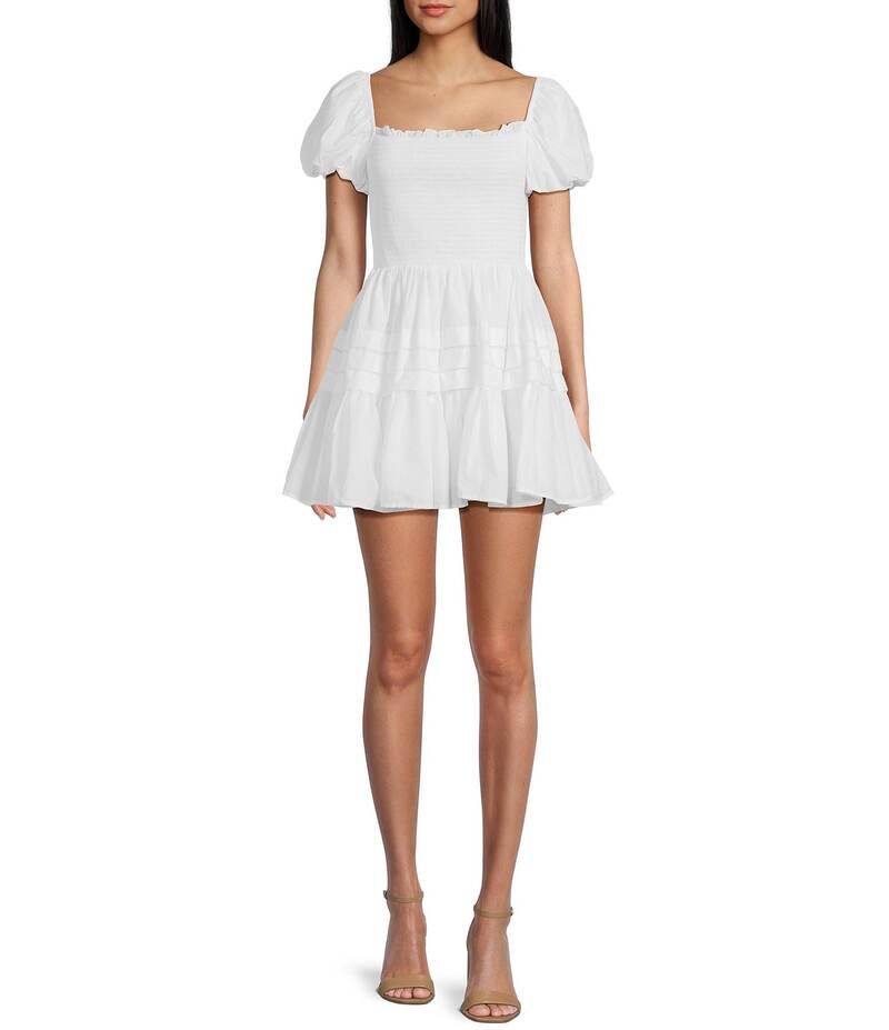 ビーダーリン レディース トップス ワンピース スカート シャーリング B Darlin Puff Short Sleeve Square Neck Smocked Skater Skirt Dress White ホワイト