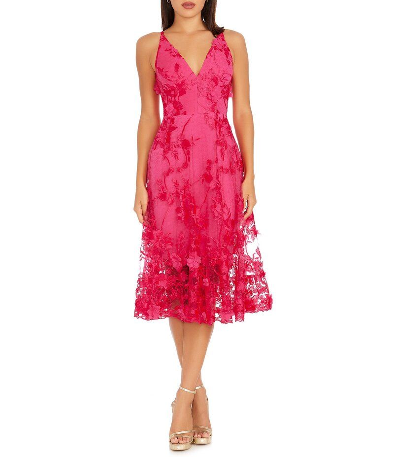 ドレスザポプレーション レディース トップス ワンピース Vネック A ライン フラワー柄 ミディ ノースリーブ フラワー Dress the Population Audrey Floral Plunging VNeck Sleeveless ALine M