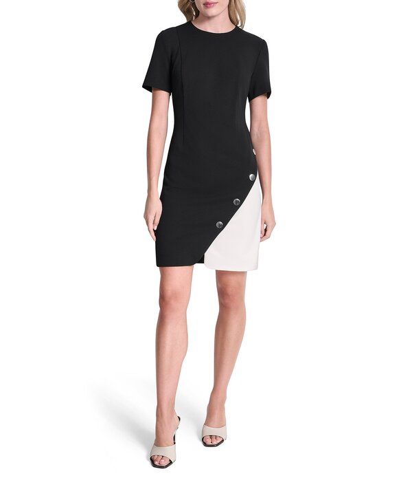 ダナキャラン レディース トップス ワンピース DKNY by Donna Karan Short Sleeve Sheath Color Block Dress With Faux Buttons BlackIvory アイボリー