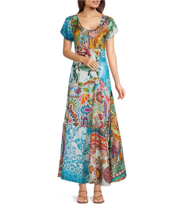 ジョニーワズ レディース トップス ワンピース プリント パッチワーク シルク マキシ JOHNNY WAS Coordinatingillian Silk Mix Patchwork Print Scoop Neck Short Sleeve Maxi Dr