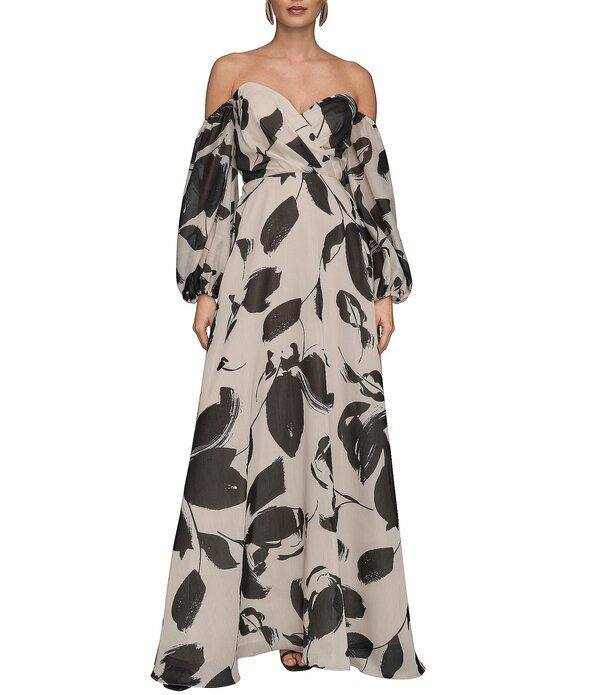 ダナキャラン レディース トップス ワンピース A ライン フラワー柄 プリント フラワー Donna Karan Floral Print Organza Sweetheart Neck Off The Shoulder 34 Sleeve ALine Dr
