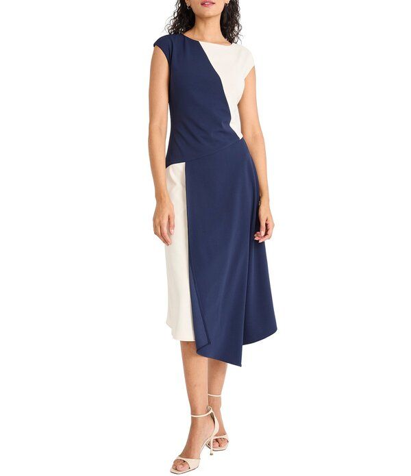 マギーロンドン レディース トップス ワンピース クレープ アシンメトリー ミディ スキューバ キャップ Maggy London Color Block Scuba Crepe Boat Neck Cap Sleeve Asymmetrical Midi D