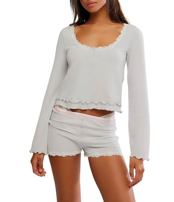 フリーピープル レディース アンダーウェア ナイトウェア Free People Spring Break Long Sleeve Scoop Neck Shorty Lounge Sleep Set Grey Heather グレー