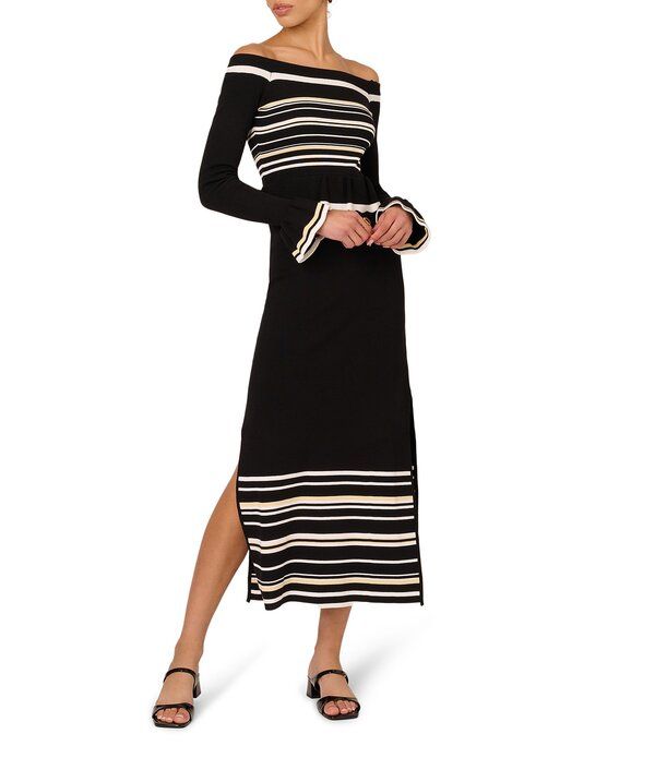 アドリアナ パペル レディース トップス ワンピース ニット Adrianna Papell Off The Shoulder Long Sleeve Knit Long Dress Ivory Black アイボリー