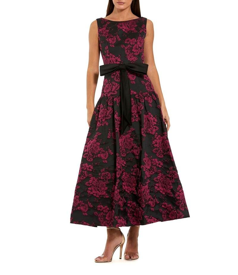 マックダガル レディース トップス ワンピース ミディワンピース ミディ サテン ノースリーブ Mac Duggal Brocade Sating Bow Detail Sleeveless Midi Dress Magenta Multi マゼンタ