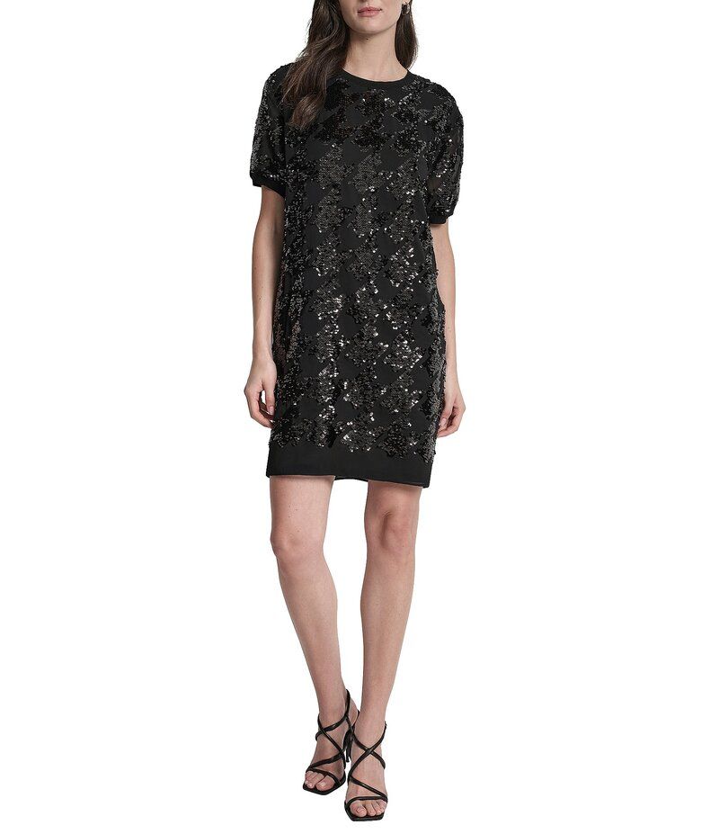 ダナキャラン レディース トップス ワンピース スパンコール DKNY by Donna Karan Sequin Houndstooth Short Sleeve Shift Dress BlackBlack ブラック
