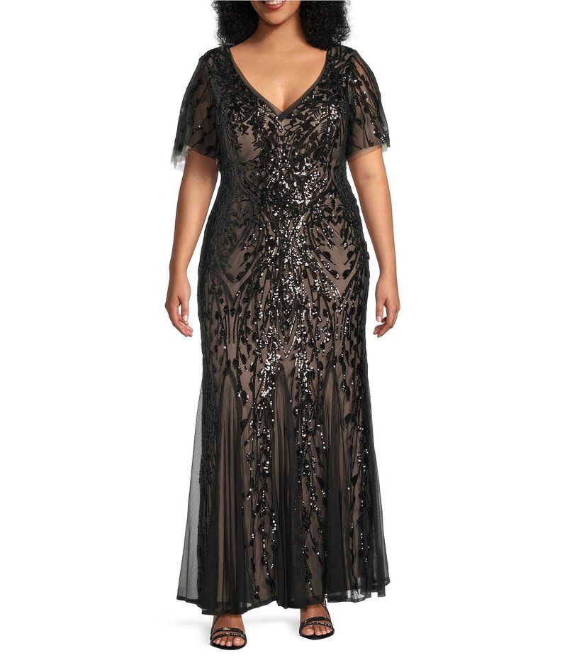 アールアンドエムリチャーズ レディース トップス ワンピース プラスサイズ メッシュ スパンコール 刺繍 エンパイア R M Richards Plus Size Embroidered Sequin Power Mesh Empire Waist Short