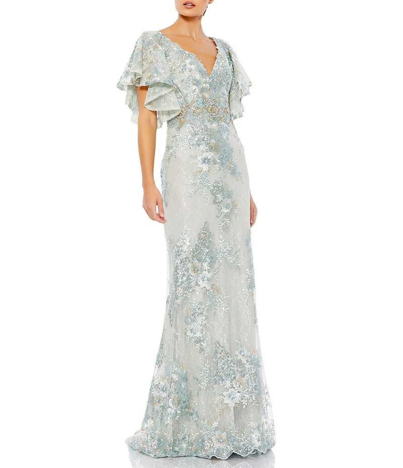 マックダガル レディース トップス ワンピース Vネック 刺繍 レース Mac Duggal VNeck Flutter Sleeve Embroidered Lace Column Gown Seafoam