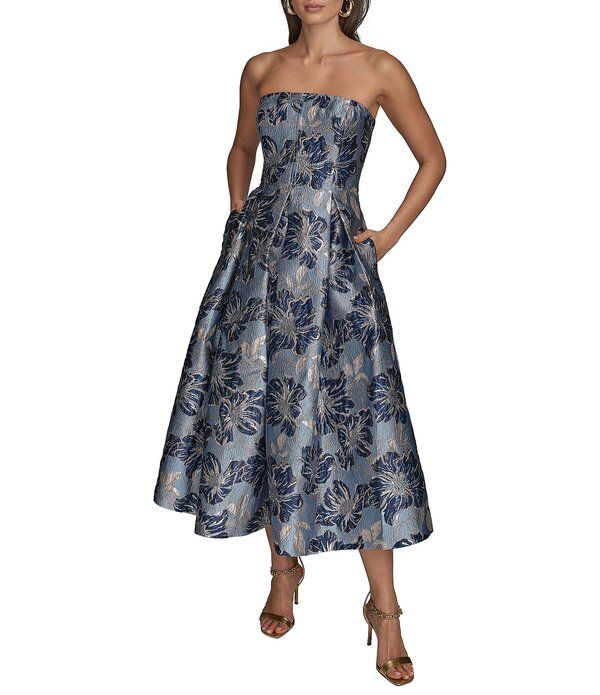 ダナキャラン レディース トップス ワンピース A ライン フラワー柄 プリント ミディ ストラップレス フラワー Donna Karan Strapless Jaquard Floral Print ALine Midi Dress Cielo Multi