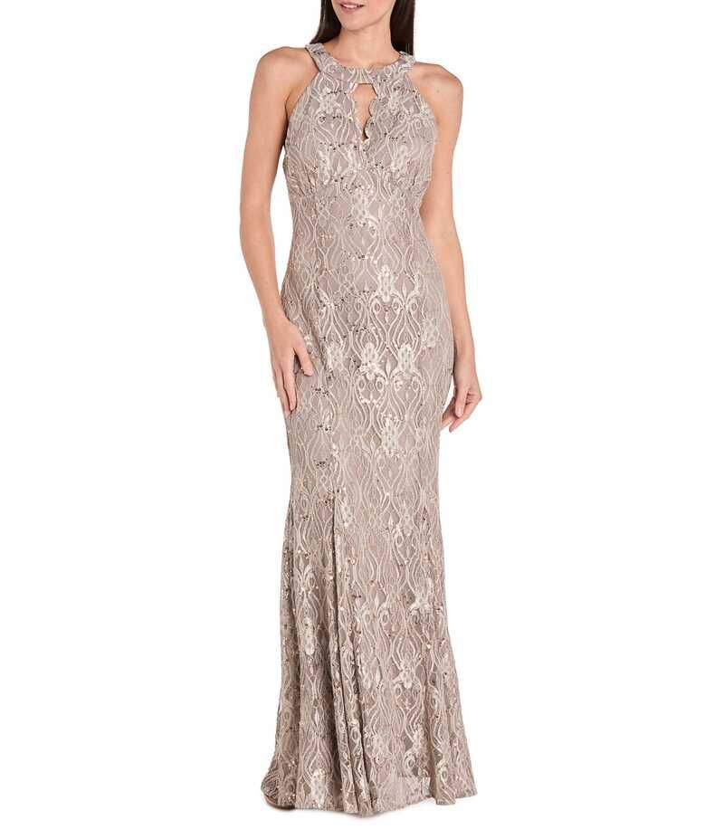 アールアンドエムリチャーズ レディース トップス ワンピース レース R M Richards Scalloped Bodice Keyhole Neck Glitter Lace Mermaid Gown Champagne シャンパン