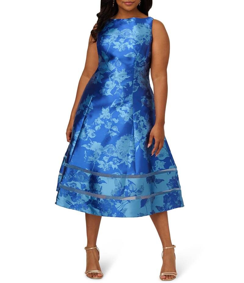 アドリアナ パペル レディース トップス ワンピース ミディワンピース プラスサイズ ミディ トール ノースリーブ Adrianna Papell Plus Size Boat Neck Sleeveless Metallic Jacquard Fit and