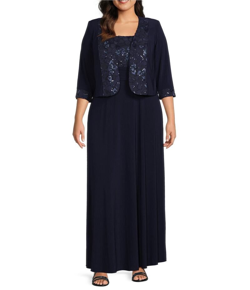 ルボ レディース トップス ワンピース プラスサイズ 刺繍 ジャケット Le Bos Plus Size Embroidered 34 Sleeve Square Neck 2Piece Jacket Dress Navy ネイビー