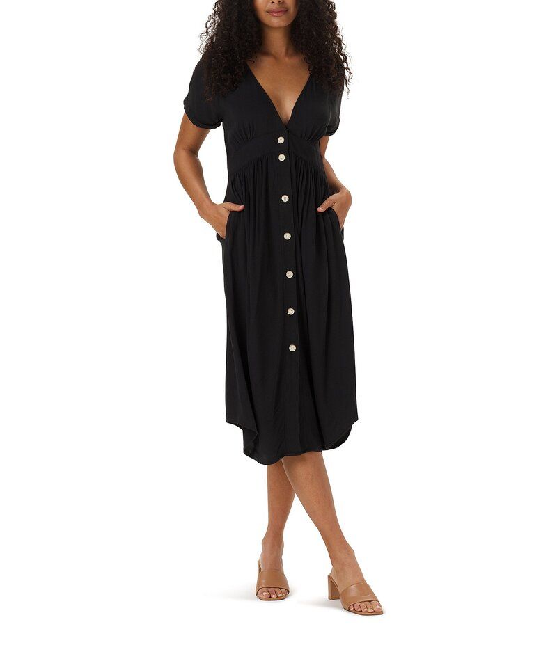 ノーマルブランド レディース トップス ワンピース ミディワンピース ミディ The Normal Brand V Neckline Short Sleeve Button Front Midi Dress Black ブラック