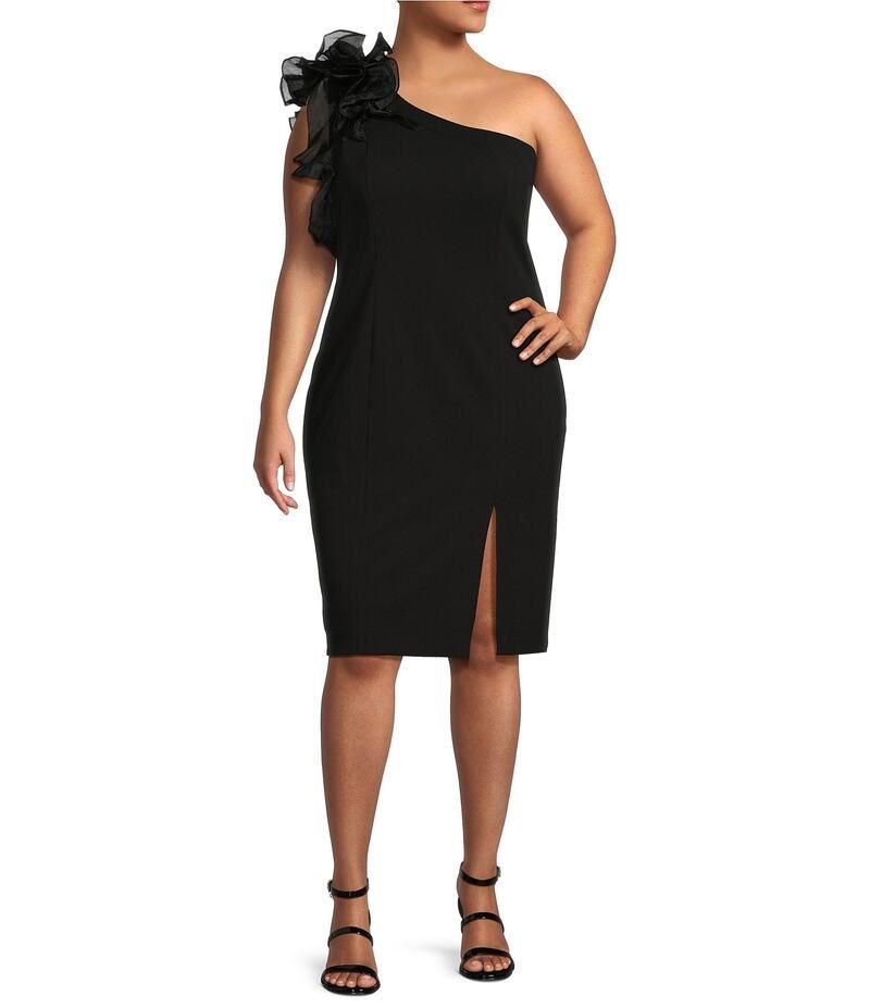 マリナ レディース トップス ワンピース クレープ プラスサイズ フリル スキューバ ノースリーブ Marina Plus Size Ruffle One Shoulder Sleeveless Scuba Crepe Sheath Dress Black ブ
