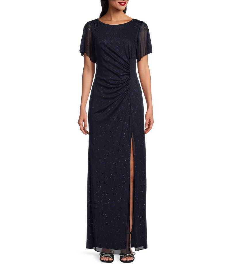 イグナイト レディース トップス ワンピース フロントスリット プチ ジャージー Ignite Evenings Petite Size Short Sleeve Boat Neck Front Slit Glitter Jersey Dress Navy ネ