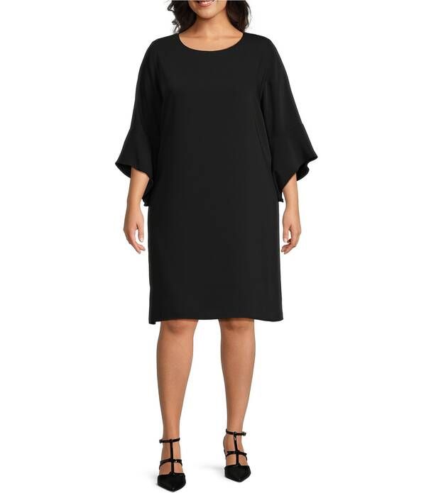 キャロライン ローズ レディース トップス ワンピース クレープラスサイズ フリル Caroline Rose Plusize Julia Matte Crepe Round Neck 34 Ruffle Sleeve Shift Dress Black ブラ