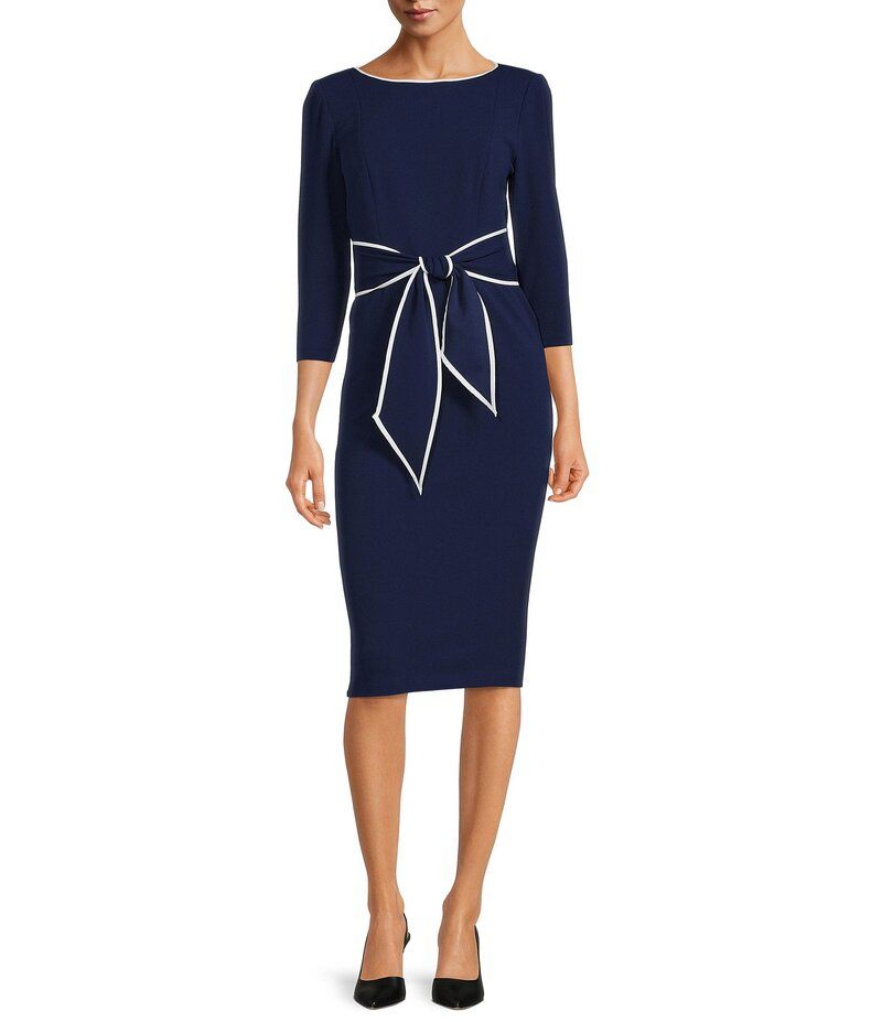 アドリアナ パペル レディース トップス ワンピース クレープ プチ コントラスト Adrianna Papell Petite Size Contrast Trim Boat Neck 34 Sleeve Tie Waist Crepe Dress Navy