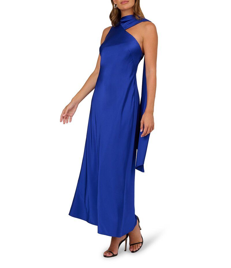 アドリアナ パペル レディース トップス ワンピース アシンメトリー サテン Adrianna by Adrianna Papell Asymmetrical Neck Scarf Stretch Satin Sheath Gown Royal Sapphir