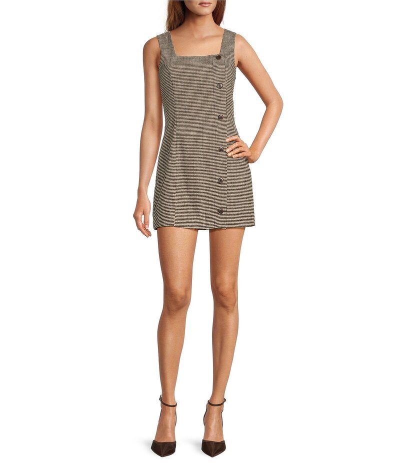 フレンチコネクション レディース トップス ワンピース ミニワンピース ミニ ウール ノースリーブ French Connection Houndstooth Wool Blend Square Neck Sleeveless Side Button Mini