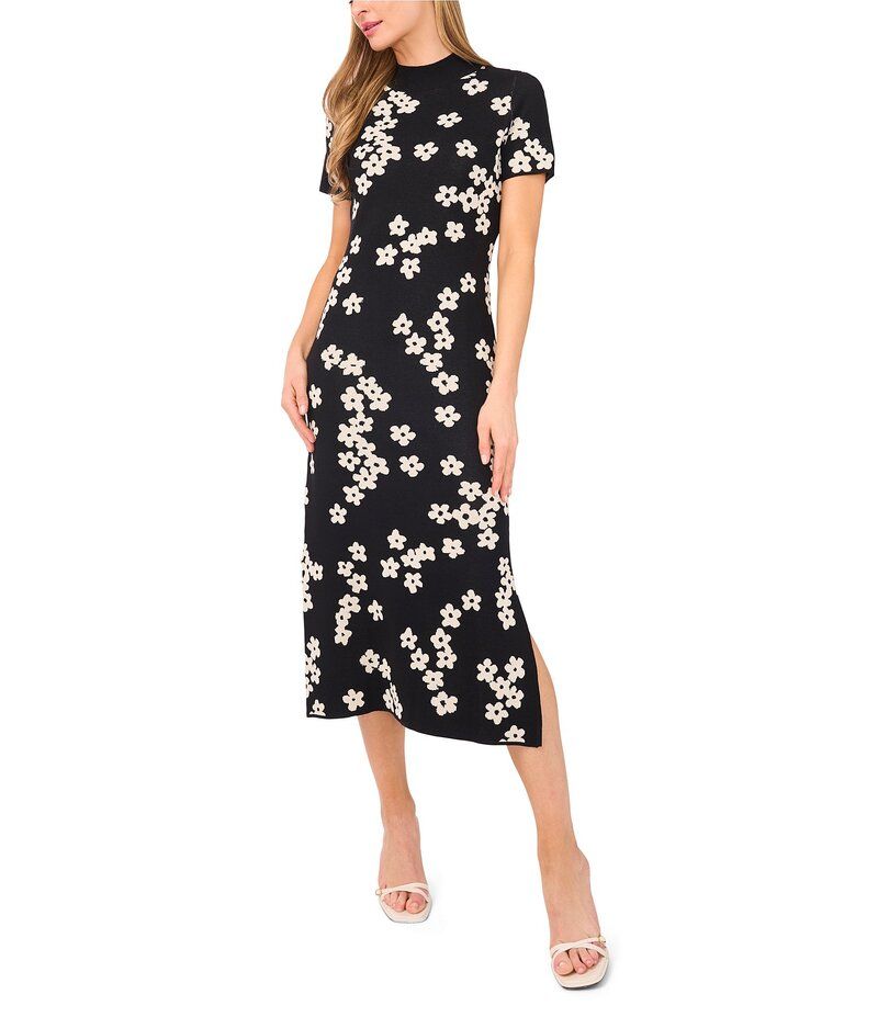 セセ レディース トップス ワンピース ミディワンピース フラワー柄 プリント ミディ ニット フラワー CeCe Knit Floral Jacquard Print Round Neck Short Sleeve Midi Dress Rich Black