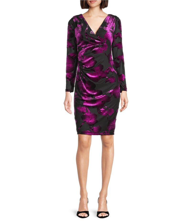 アドリアナ パペル レディース トップス ワンピース ミディワンピース ミディ ベルベット Adrianna Papell Velvet Burnout Long Sleeve Midi Dress Black Violet ブラック 7,685円