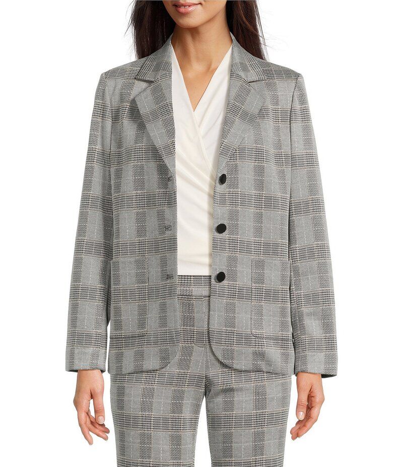 アンクライン レディース アウター コート ブレザー Anne Klein Plaid Notch Collar Long Sleeve Patch Pocket Button Front Blazer Anne Black Multi ブラック