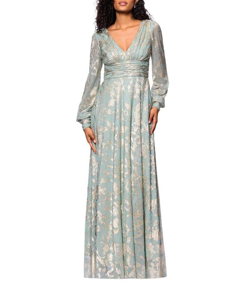 ベッツィアンドアダム レディース トップス ワンピース Vネック A ライン プリント トール ニット Betsy Adam Metallic Knit Foiled Print V Neck Long Sleeve ALine Gown SageGold セ