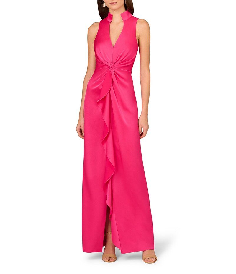 アイダンマットックス レディース トップス ワンピース Vネック フリル サテン Aidan Mattox Satin VNeck Twist Front with Cascading Ruffle Gown Hot Pink ピンク