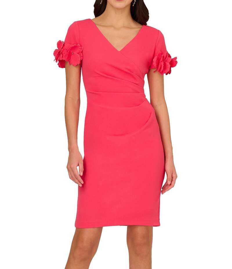 アドリアナ パペル レディース トップス ワンピース クレープ フラワー柄 フラワー Adrianna Papell Stretch Crepe Surplice VNeckline Short Floral Sleeve Dress Petunia