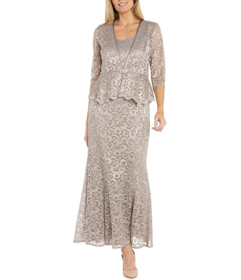 アールアンドエムリチャーズ レディース トップス ワンピース レース ジャケット R M Richards 34 Sleeve Scoop Neck Lace 2Piece Jacket Dress Champagne シャンパン