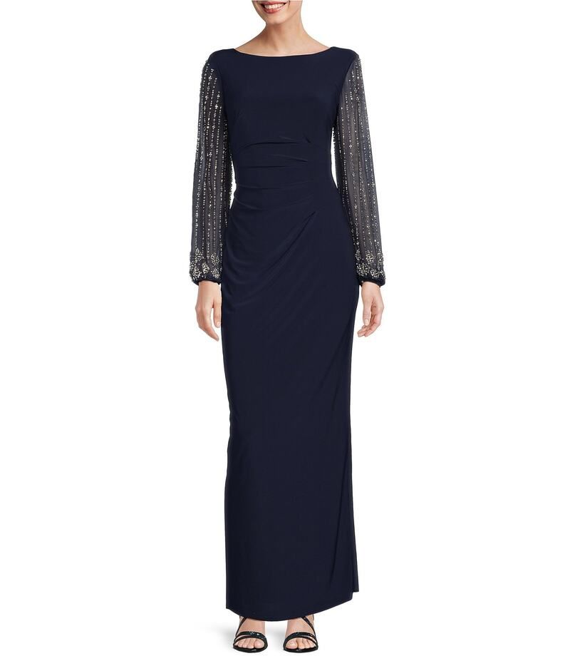 マリナ レディース トップス ワンピース ジャージー Marina Boat Neck Long Beaded Elastic Cuff Sleeve Matte Jersey Back Slit Sheath Gown Navy ネイビー