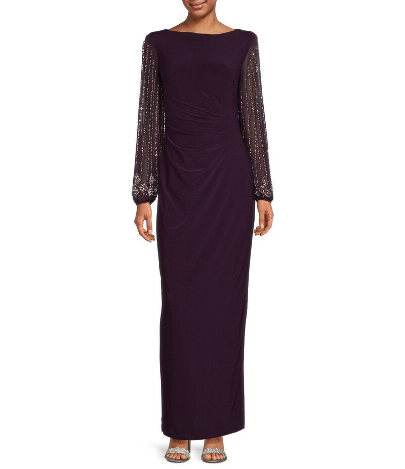 マリナ レディース トップス ワンピース ジャージー Marina Boat Neck Long Beaded Elastic Cuff Sleeve Matte Jersey Back Slit Sheath Gown Eggplant
