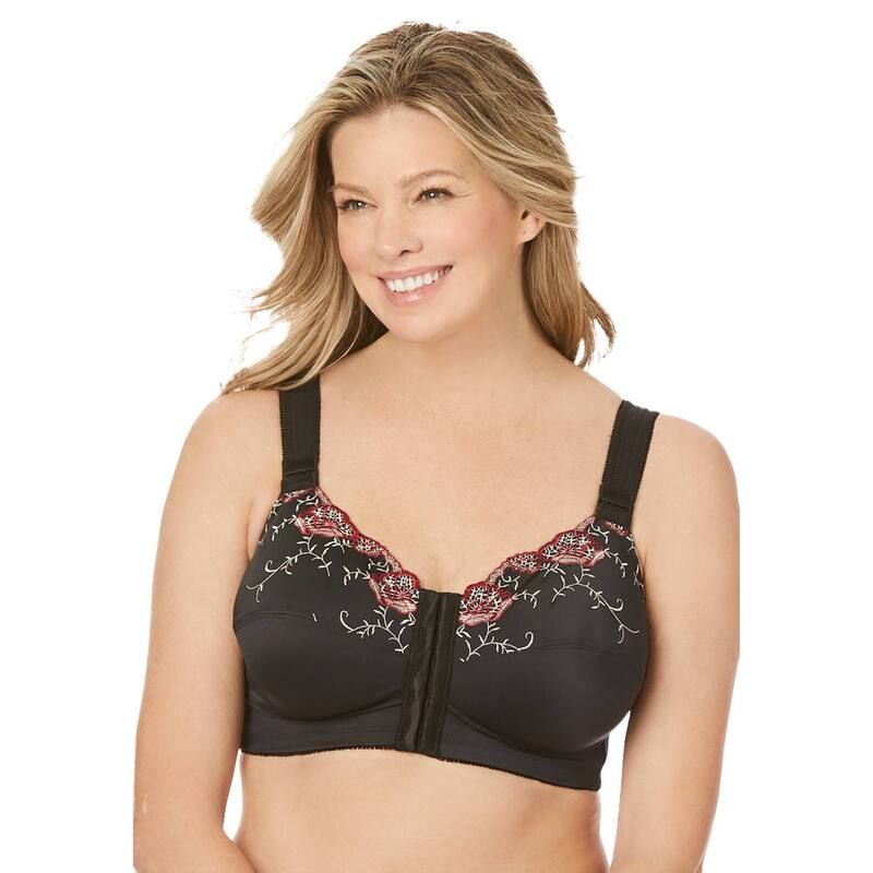 コンフォート チョイス レディース アンダーウェア ブラジャー プラスサイズ 刺繍 Comfort Choice Womens Plusize FrontClosembroidered Wireless Posture Bra Black Floral ブラッ