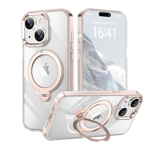 【透き通る上質感・多機能360°回転スタンド】KMAMBNG iPhone 15 用 ケース Magsafe対応【耐衝撃・金属感・真空メッキ・黄変防止・ストラップホール付き】縦横両立 角度自在 調整可能 磁吸機能でワイヤレス充電対応 おしゃれ 081097f6