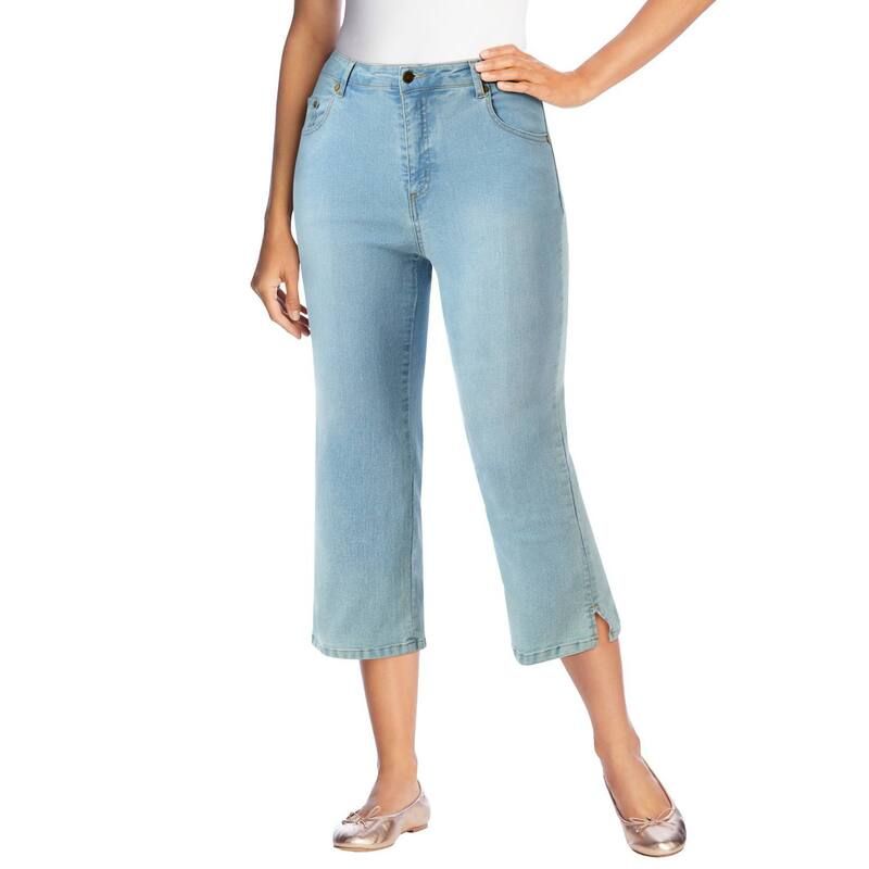 ウーマン ウィズイン レディース ボトムス カジュアルパンツ プラスサイズ デニム キャップ ジーンズ Woman Within Plusize Stretch Denim FivePocket Capri Jeans Light Wash Sanded デニ