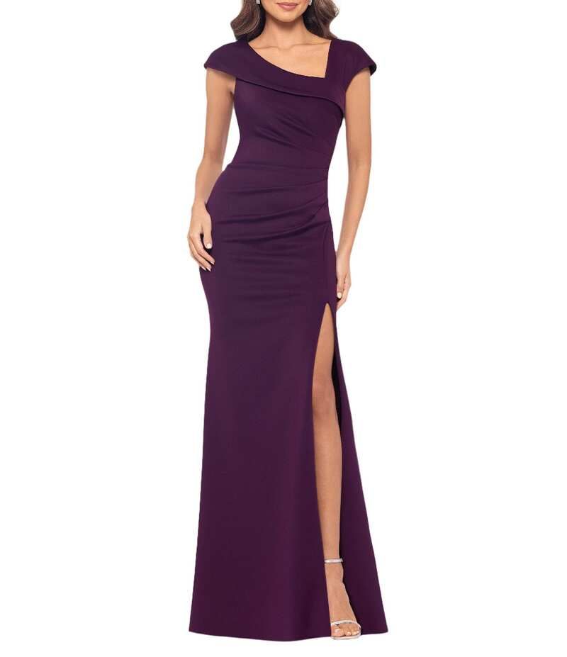 エスケープ レディース トップス ワンピース アシンメトリー プチ Xscape Petite Size Asymmetrical Neck Short Sleeve Sheath Gown Plum プラム