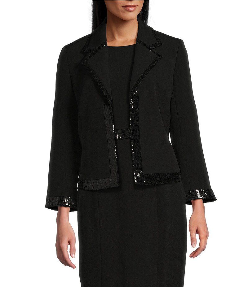カスパール レディース アウター コート プチ スパンコール ジャケット Kasper Petite Size Kissing Front Sequin Trim Notch Lapel Long Sleeve Jacket Black ブラック