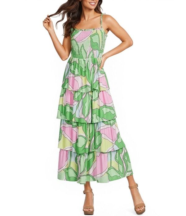 ジービー レディース トップス ワンピース ティアード フラワー柄 プリント フリル ノースリーブ マキシ フラワー GB Tiered Ruffle Floral Challis Printed Square Neck Sleeveless Tie Shou 12,586円