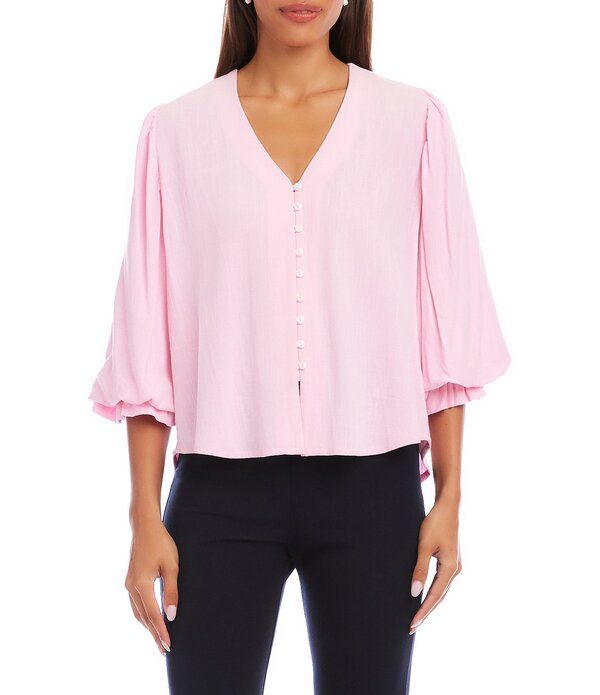 カレンケーン レディース トップス シャツ Vネック Karen Kane Hatch Textured VNeck 34 Layered Sleeve Button Front Shirt Pink ピンク