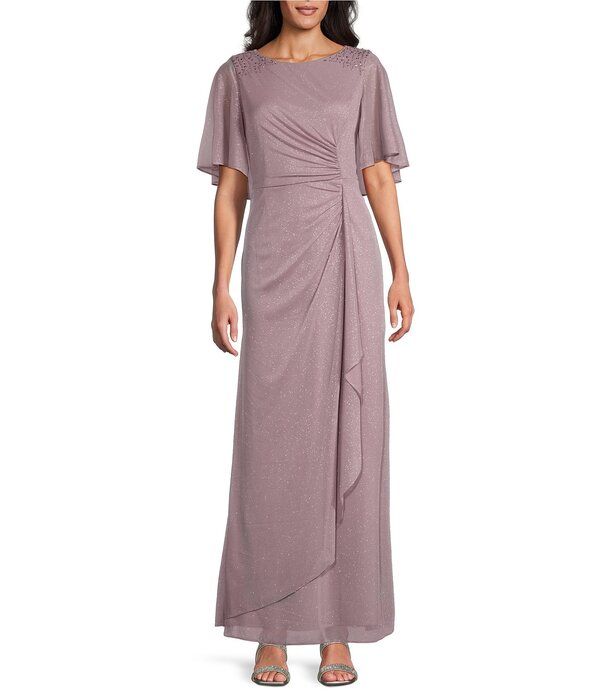 イグナイト レディース トップス ワンピース プチ メッシュ Ignitevenings Petite Size Glitter Mesh Boat Neck Short Sleeve Sheath Dress Mauve