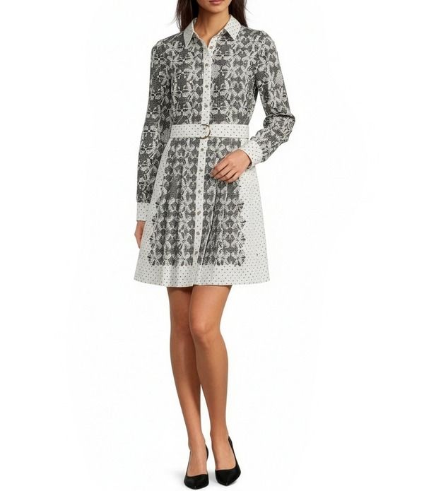 カール ラガーフェルド レディース トップス ワンピース クレープリント シャツ シルク KARLAGERFELD PARISilky Crepe Printed Point Collar Long Sleeve Shirt Dress BlackBisque