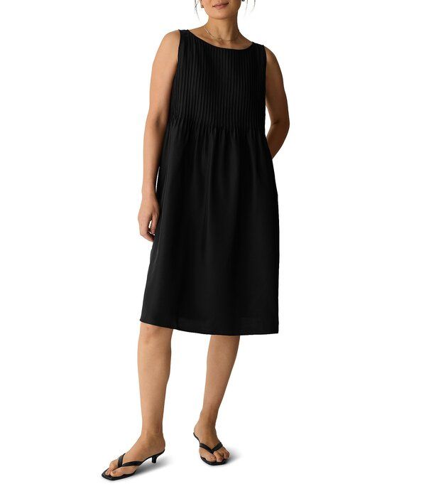 エイリーンフィッシャー レディース トップス ワンピース プリーツ シルク ノースリーブ Eileen Fisher Woven Silk Boat Neck Sleeveless Pleatedress Black ブラック