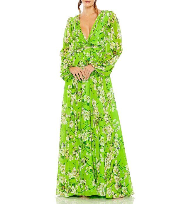 マックダガル レディース トップス ワンピース シフォン フラワー柄 プリント フラワー Mac Duggal Puff Sleeve Floral Print Chiffon Gown Green Multi グリーン