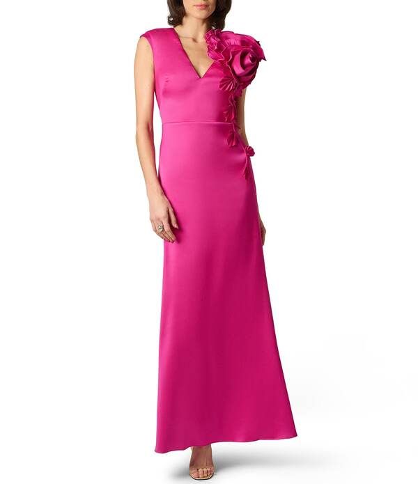 アイダンマットックス レディース トップス ワンピース Vネック キャップ Aidan Mattox Mikado 3D Flower Applique V Neck Cap Sleeve Longown Fuchsia フューシャ