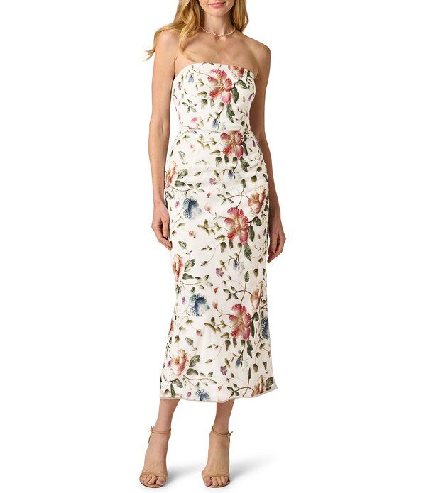 アドリアナ パペル レディース トップス ワンピース フラワー柄 プリント ストラップレス 刺繍 フラワー Adrianna Papell Strapless Embroidered Floral Print Longown Ivory Multi アイボリー