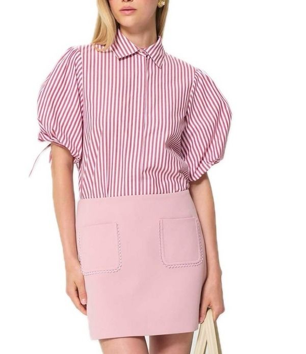 タラジャーモン レディース トップス シャツ ブラウス Tara Jarmon Caly Striped Point Collar Short Sleeve Button Front Blouse Cerise ストライプ
