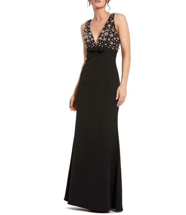 マックダガル レディース トップス ワンピース Vネックレープ A ライン プチ Mac Duggal Petite VNeck Beaded Bodice Crepe Aline Longown Black ブラック