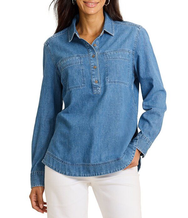 トッミーバハマ レディース トップス シャツ デニム Tommy Bahama Cross Hatch Denim Boyfriend Point Collar Long Sleeve Popover Top Indigoasis Wash インディゴ