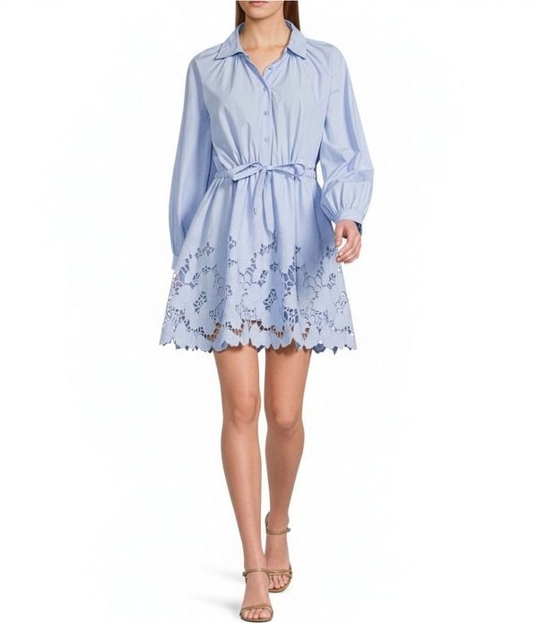 エン セゾン レディース トップス ワンピース A ライン ミニ 刺繍 En Saison Lucy Embroidered Collar Neck Long Sleeve Belted ALine Mini Dress Light Blue ブルー